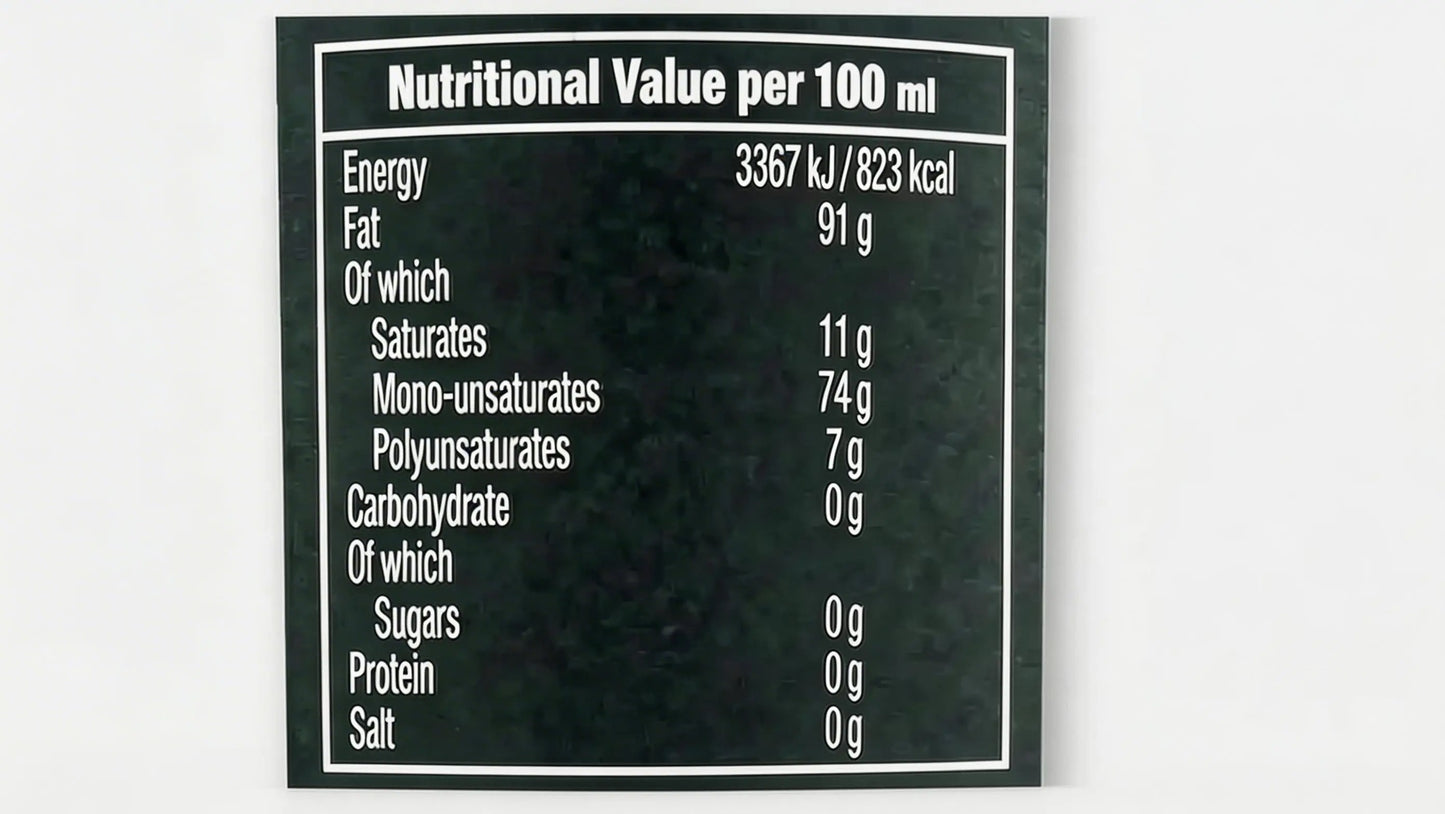 ICONO Extra Virgin Olive Oil nutritional information label - Frantoio variety from Chile, 100ml serving details