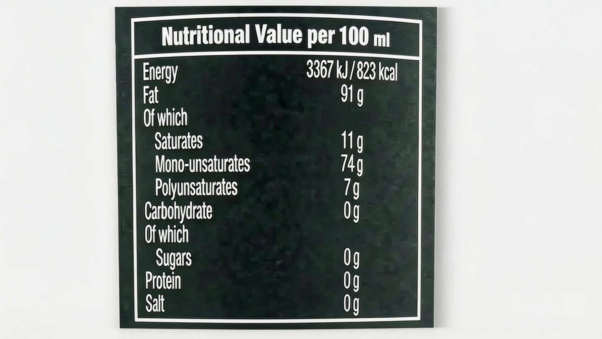 ICONO Extra Virgin Olive Oil nutritional information label - Frantoio variety from Chile, 100ml serving details
