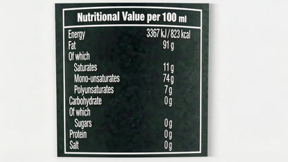 ICONO Extra Virgin Olive Oil nutritional information label - Frantoio variety from Chile, 100ml serving details